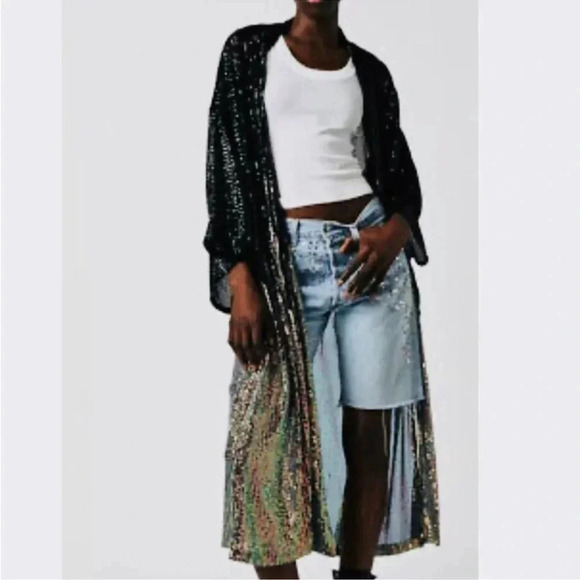 New Free People Party On Sequin Kimono Midi Jacket Sparkle Cardi Black Silver OS - Picture 3 of 13